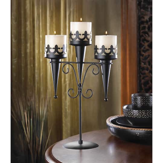 15.75" Black Medieval Triple Candle Stand